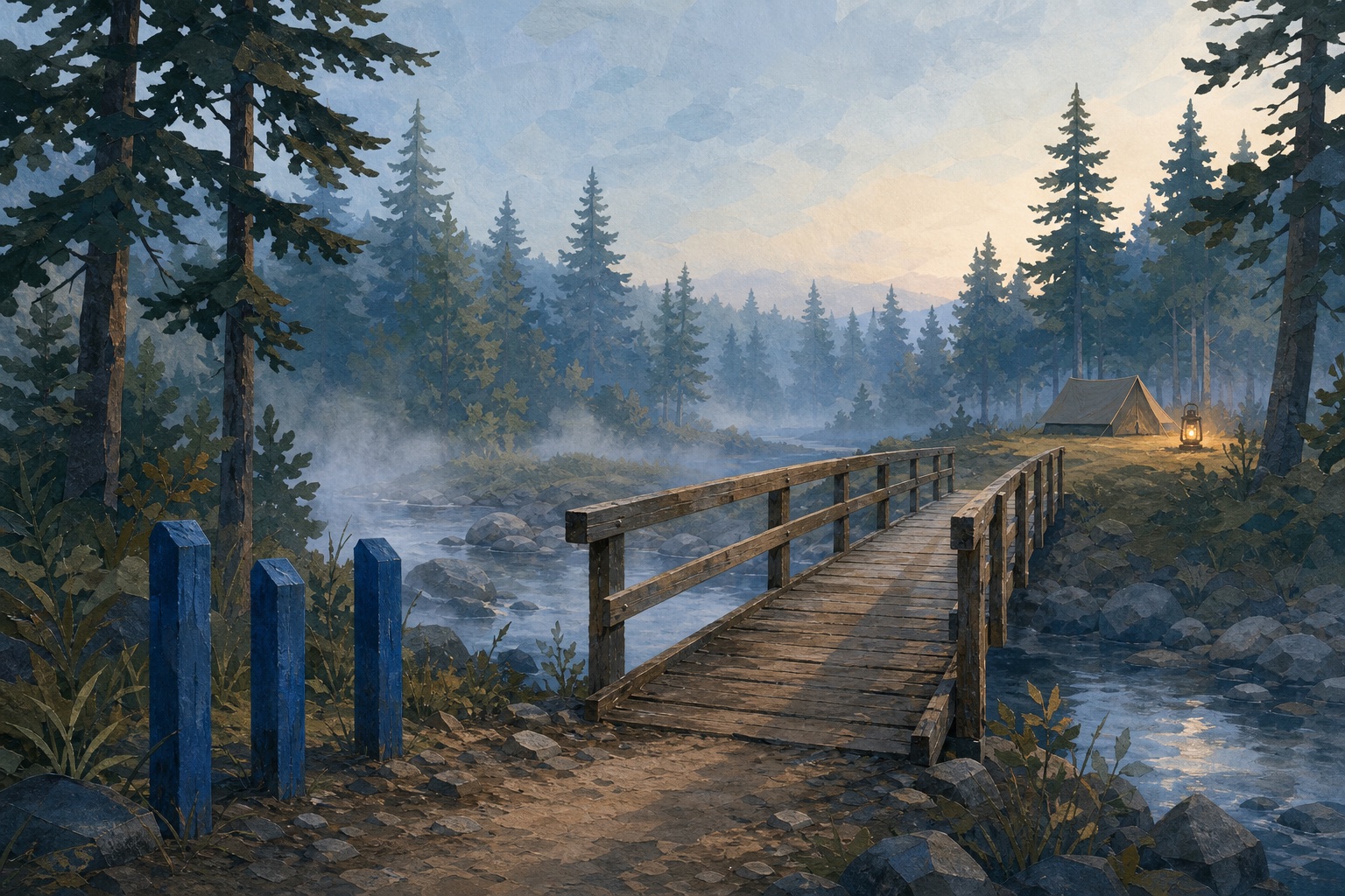Editorial illustration of a wooden footbridge crossing a misty creek toward a quiet pine-forest campsite at dawn.