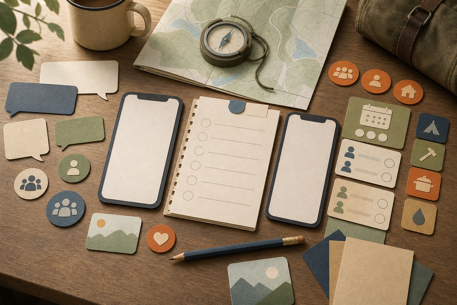 Editorial illustration of two blank phone cards, a decision checklist, map, and Scout coordination tokens on a planning table.