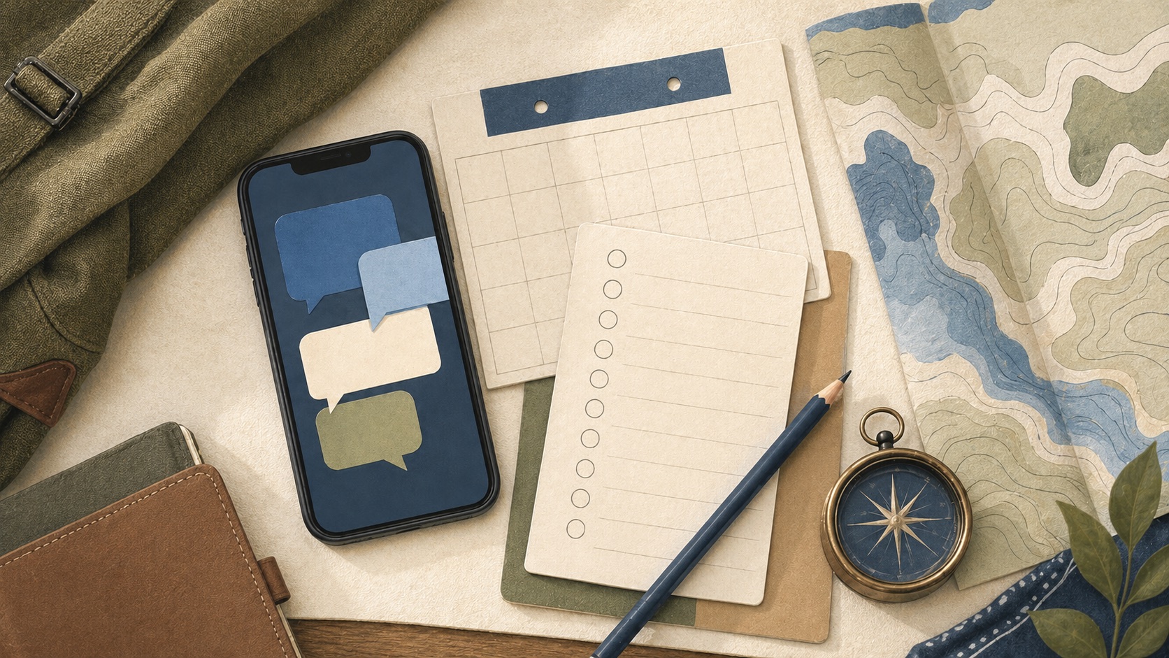 Editorial illustration of a phone with message bubbles beside a Scout event checklist, blank calendar, map, and compass.