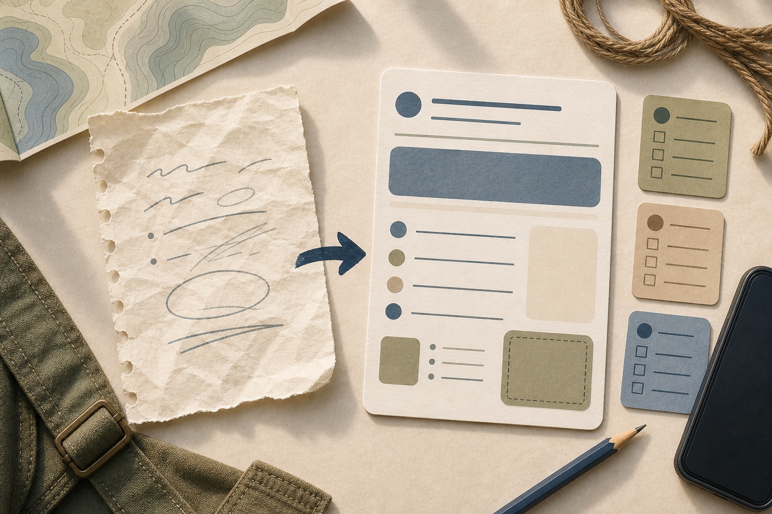Editorial illustration of a messy blank event note becoming a clear blank event card on a Scout planning table.