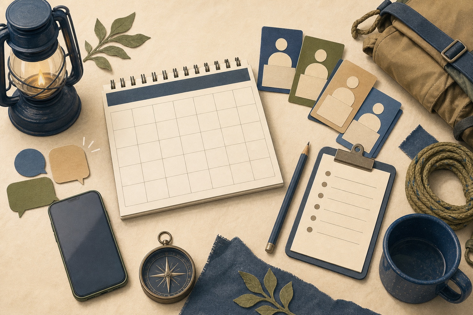 Editorial illustration of a Scout unit planning table with a blank calendar, role cards, checklist, phone, lantern, compass, and field gear.