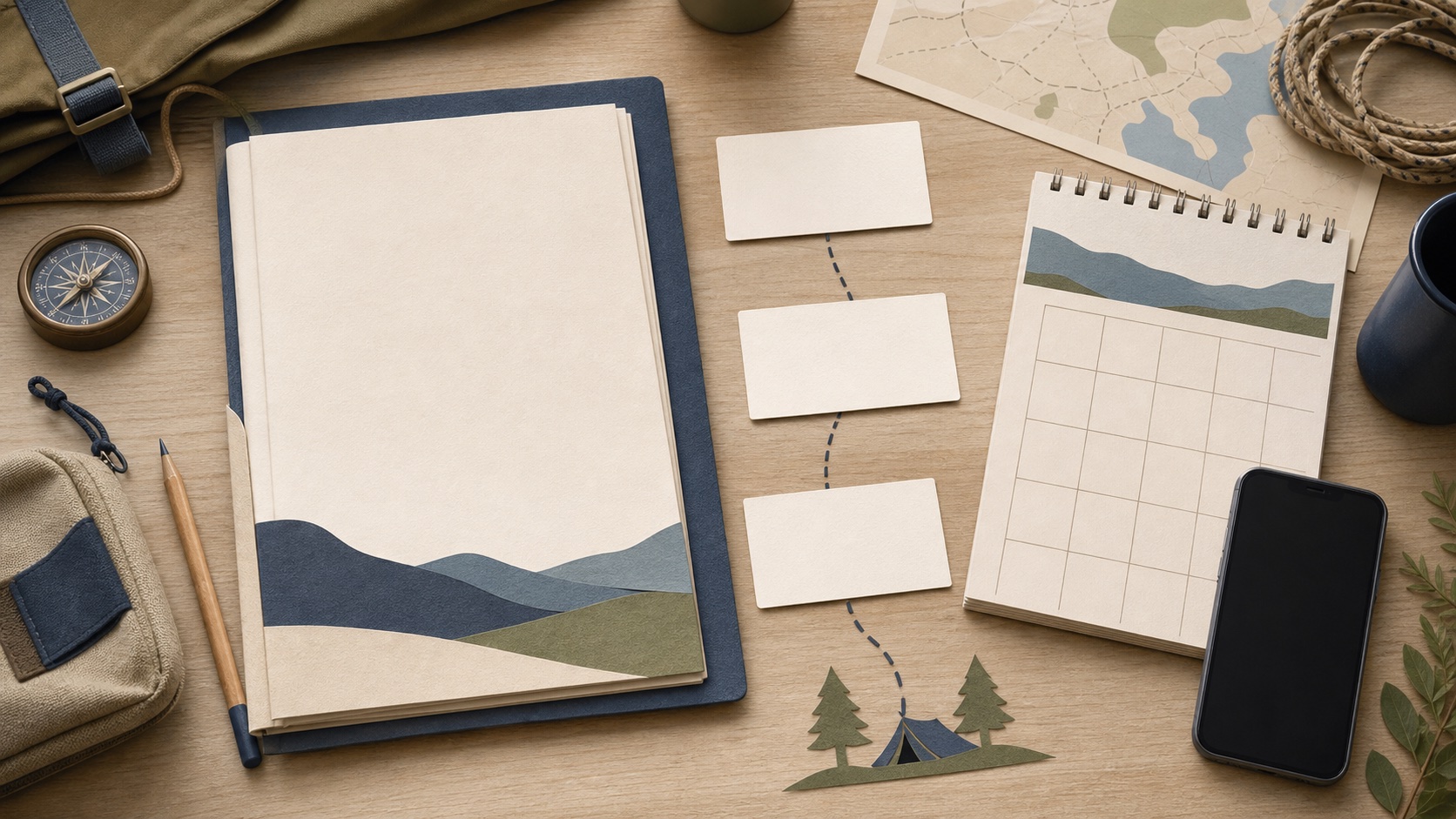 Editorial illustration of a welcome packet, simple path cards, calendar sheet, phone, and camp-planning tools arranged on a tabletop.