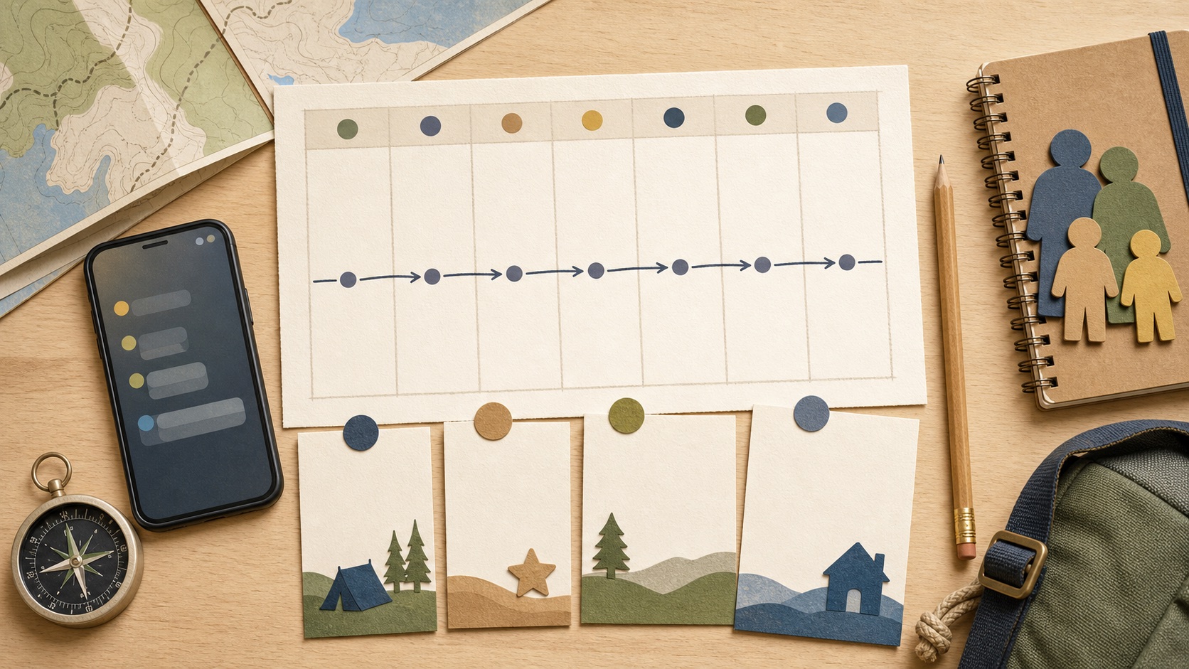 Editorial illustration of a blank weekly calendar, phone, family tokens, den cards, map, compass, and planning tools.