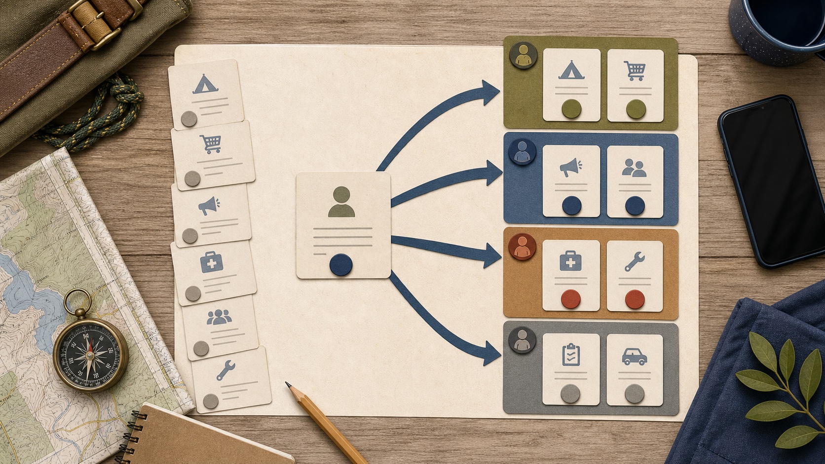 Editorial illustration of blank task cards moving from one event board into organized owner areas on a planning table.