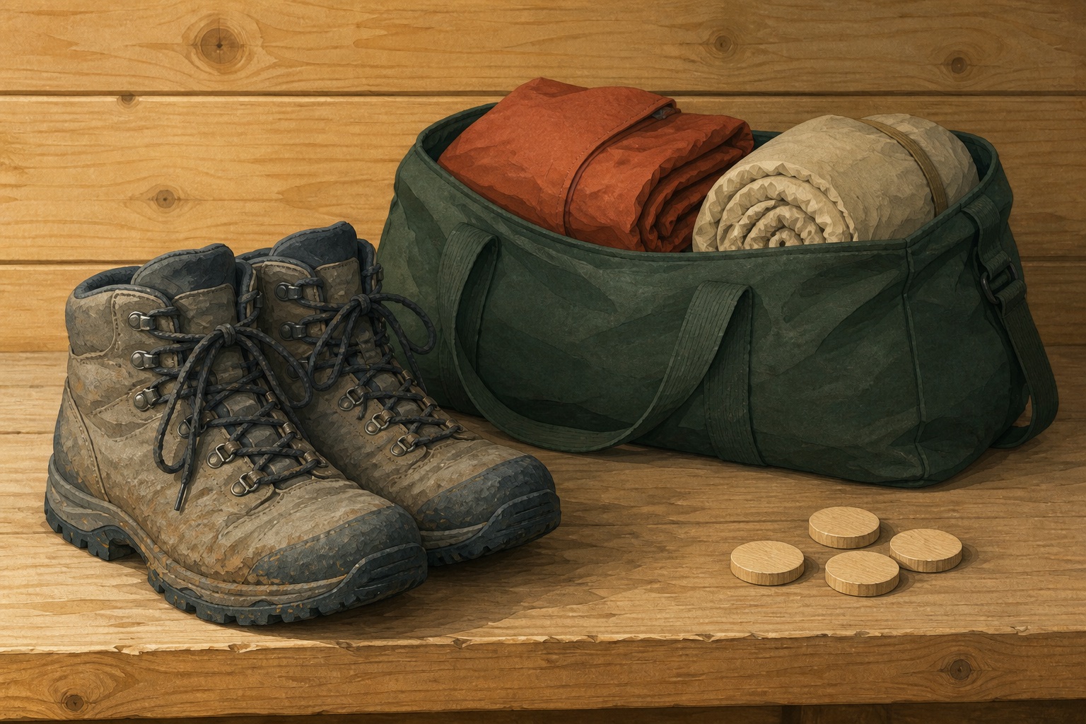Editorial illustration of hiking boots, a partially packed green duffel, and four blank wooden tokens on a pine bench.