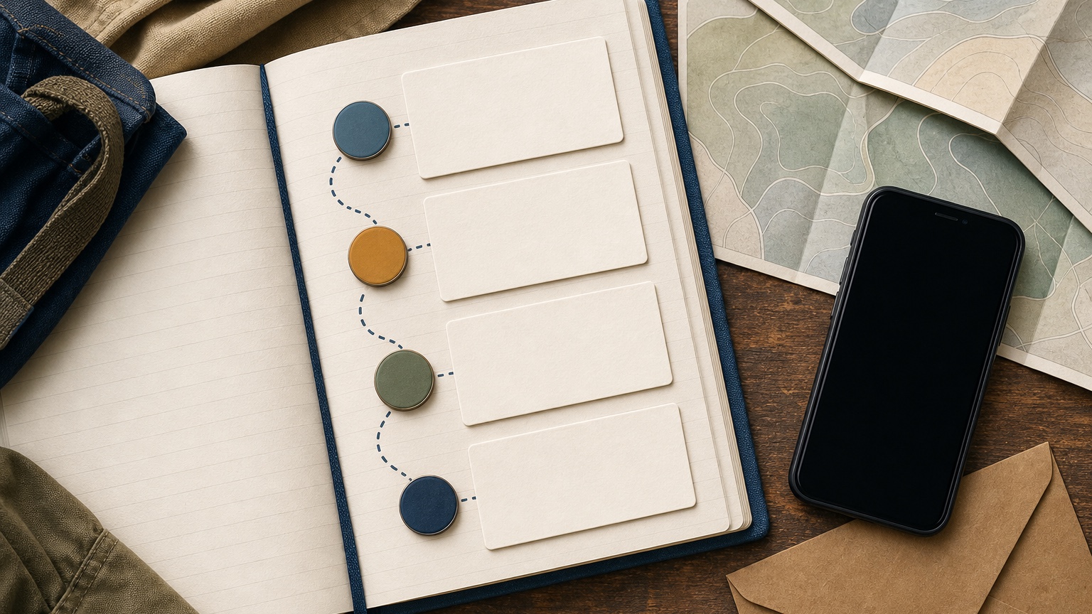 Editorial planning-table illustration with blank milestone cards, a phone, envelope, map, and color tokens for a new family welcome path.