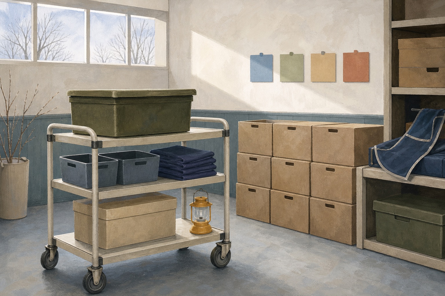 Editorial illustration of an orderly community-room storage area with a rolling cart, plain cases, folded booth apron, and four blank phase markers.
