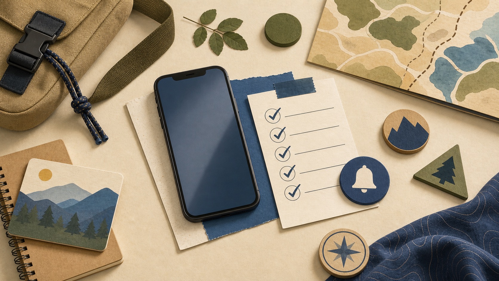 Editorial illustration of a blank phone, checklist, reminder token, notebook, and trail map arranged on a planning table.