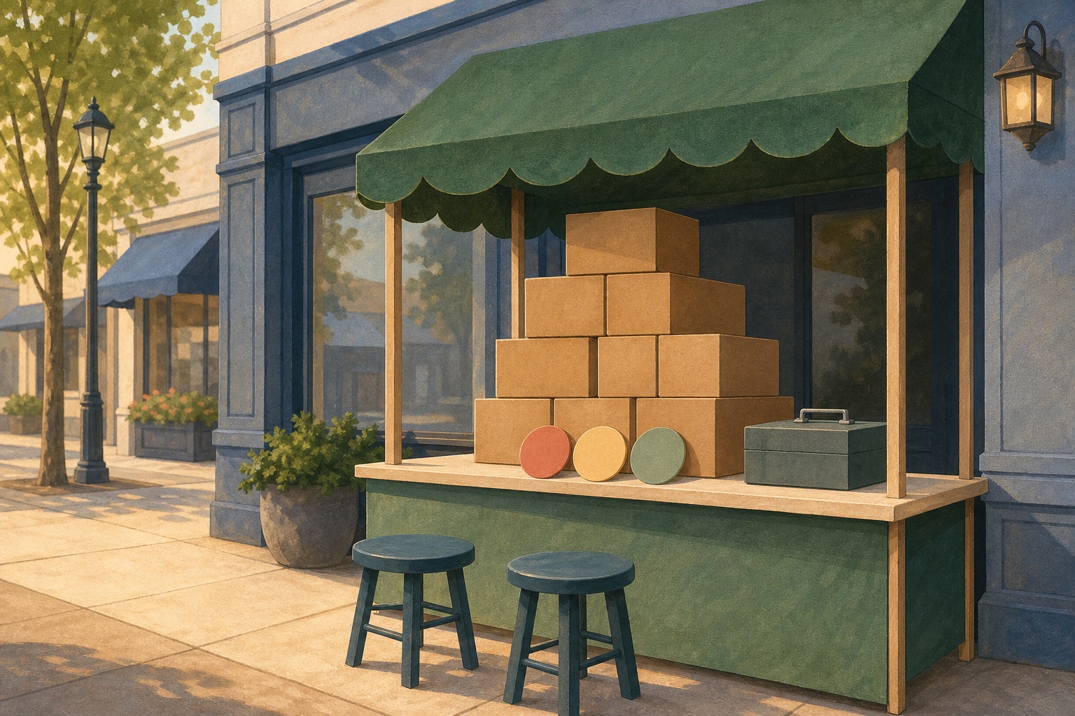 Editorial illustration of an unbranded storefront cookie booth before opening, with plain cases, two empty stools, colored shift markers, and a closed cash box.