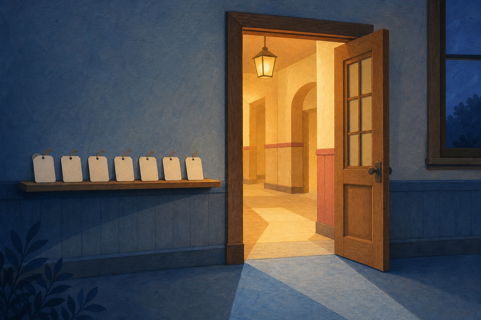 Editorial illustration of a warmly lit open community-room doorway at dusk, with blank name tags on a nearby ledge and a clear path into the room.