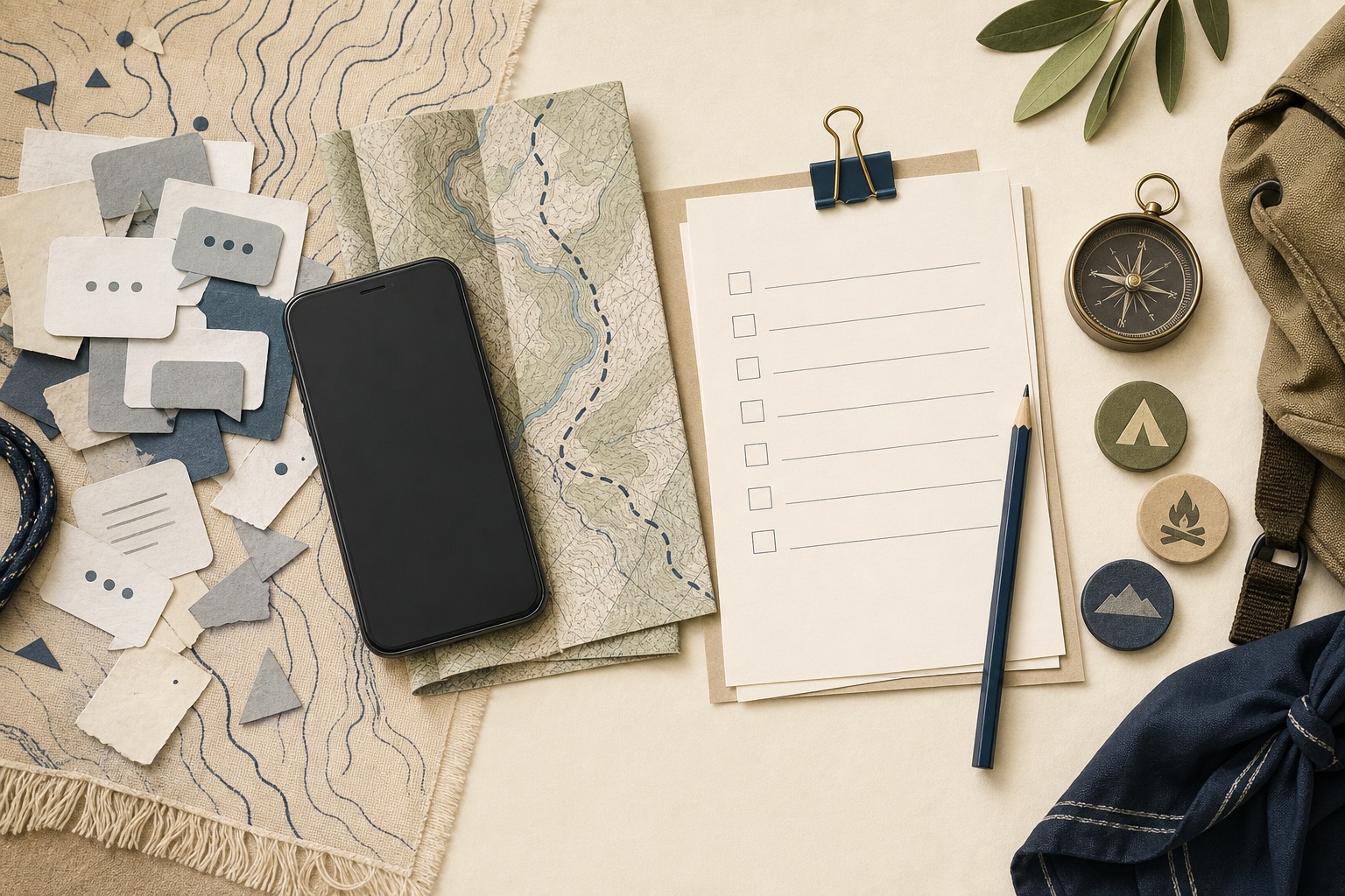 Editorial illustration of a phone set beside a route map, blank checklist, and planning tools.