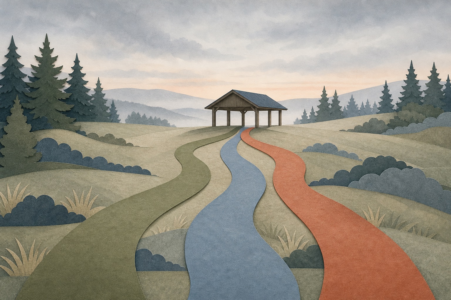 Editorial illustration of three muted trails that branch across a hillside and meet at one open-sided shelter.