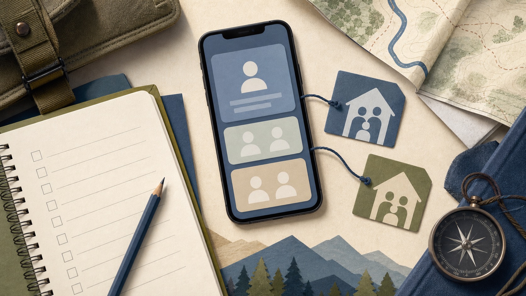 Editorial illustration of a phone with blank member account tiles beside household cards, a notebook, map, and compass.