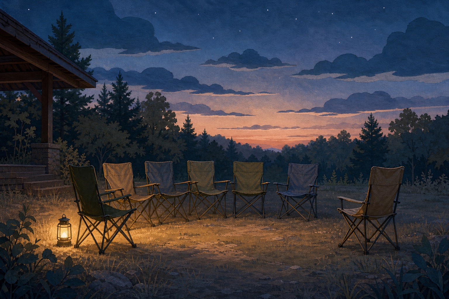 Editorial illustration of an empty dusk meeting circle with one camp chair set slightly apart and a warm lantern still lit.