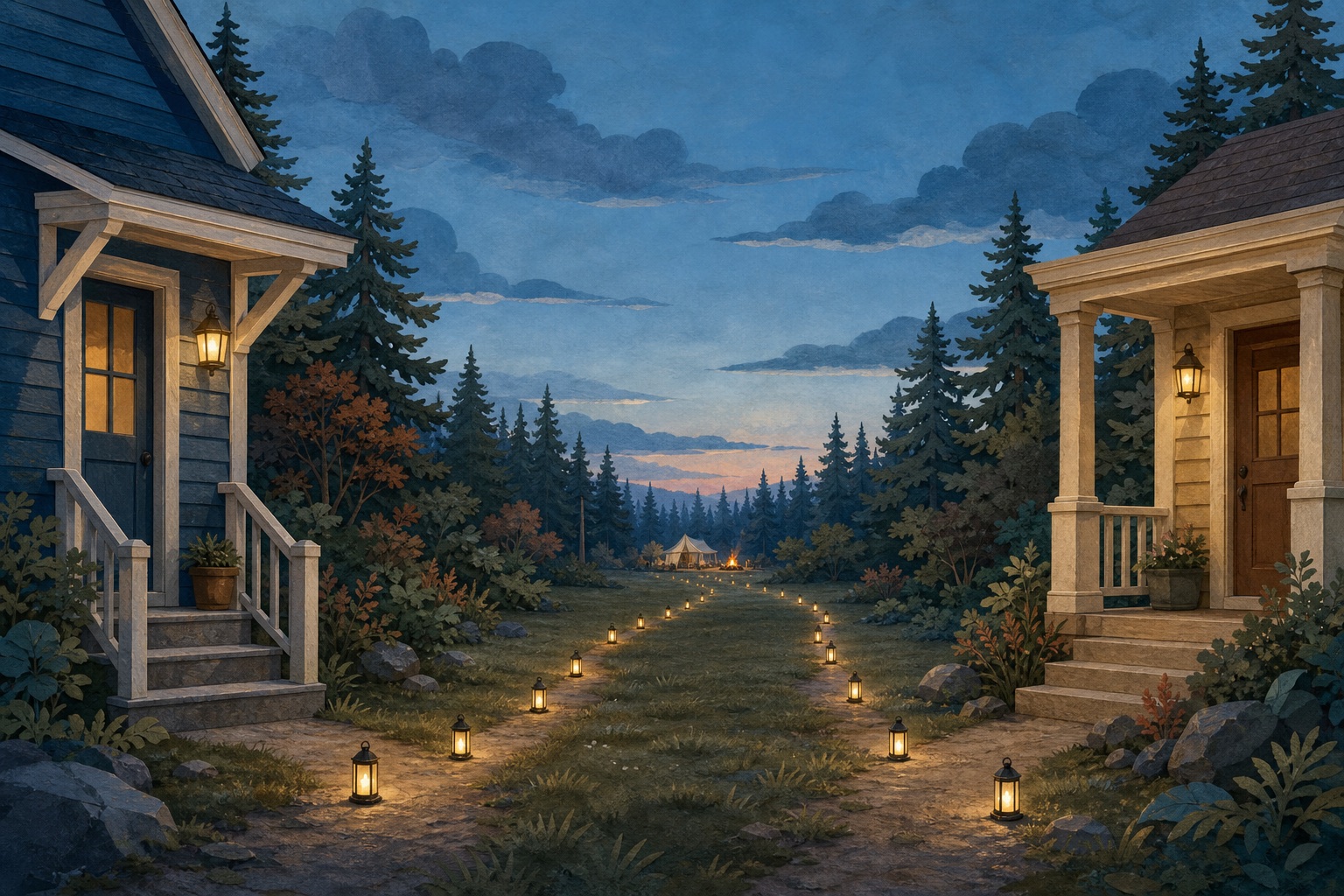 Editorial illustration of two quiet home entryways on opposite sides of a shared trail leading toward a distant campsite.