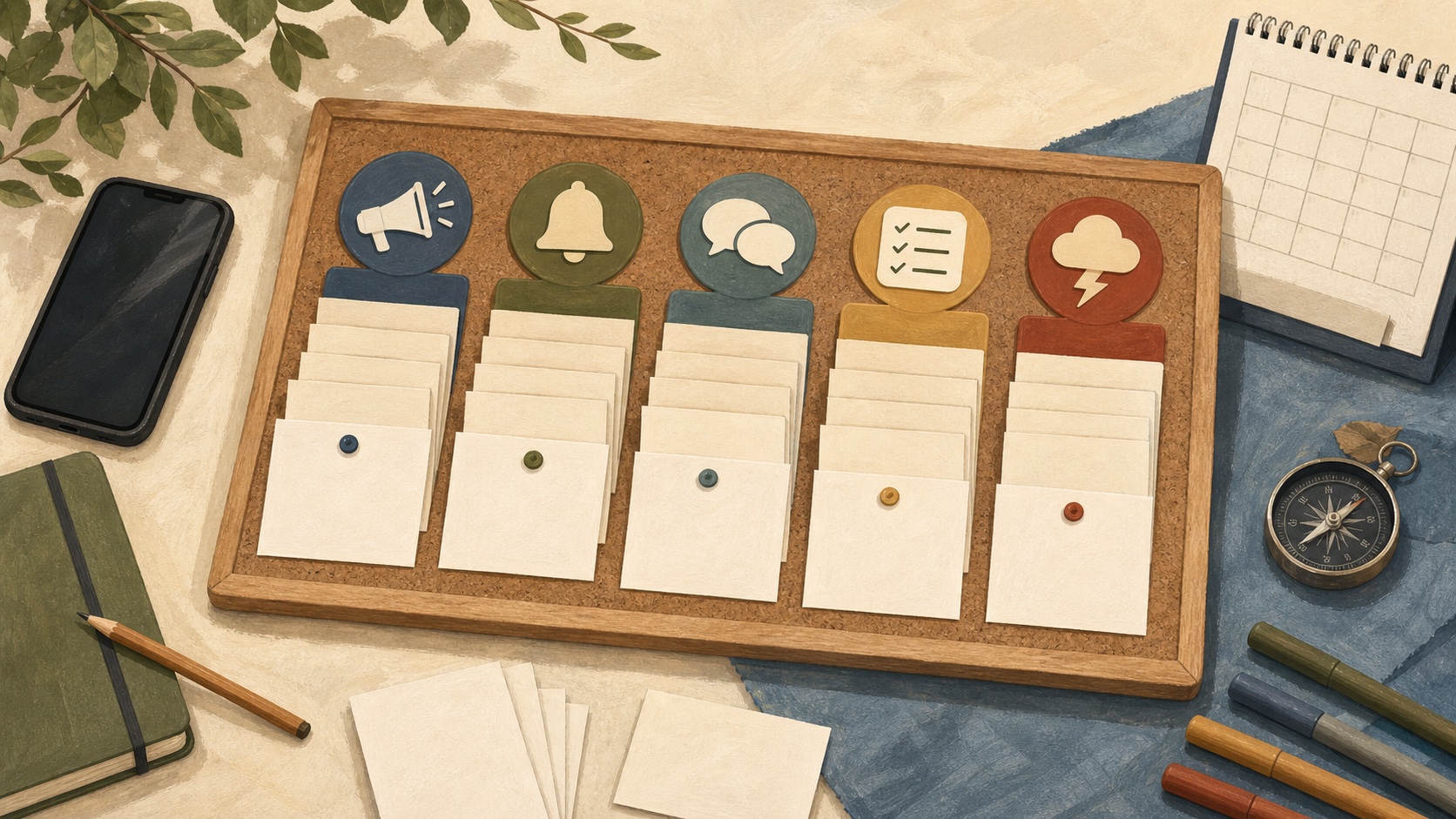 Editorial illustration of blank message cards sorted by communication type on a Scout planning board.