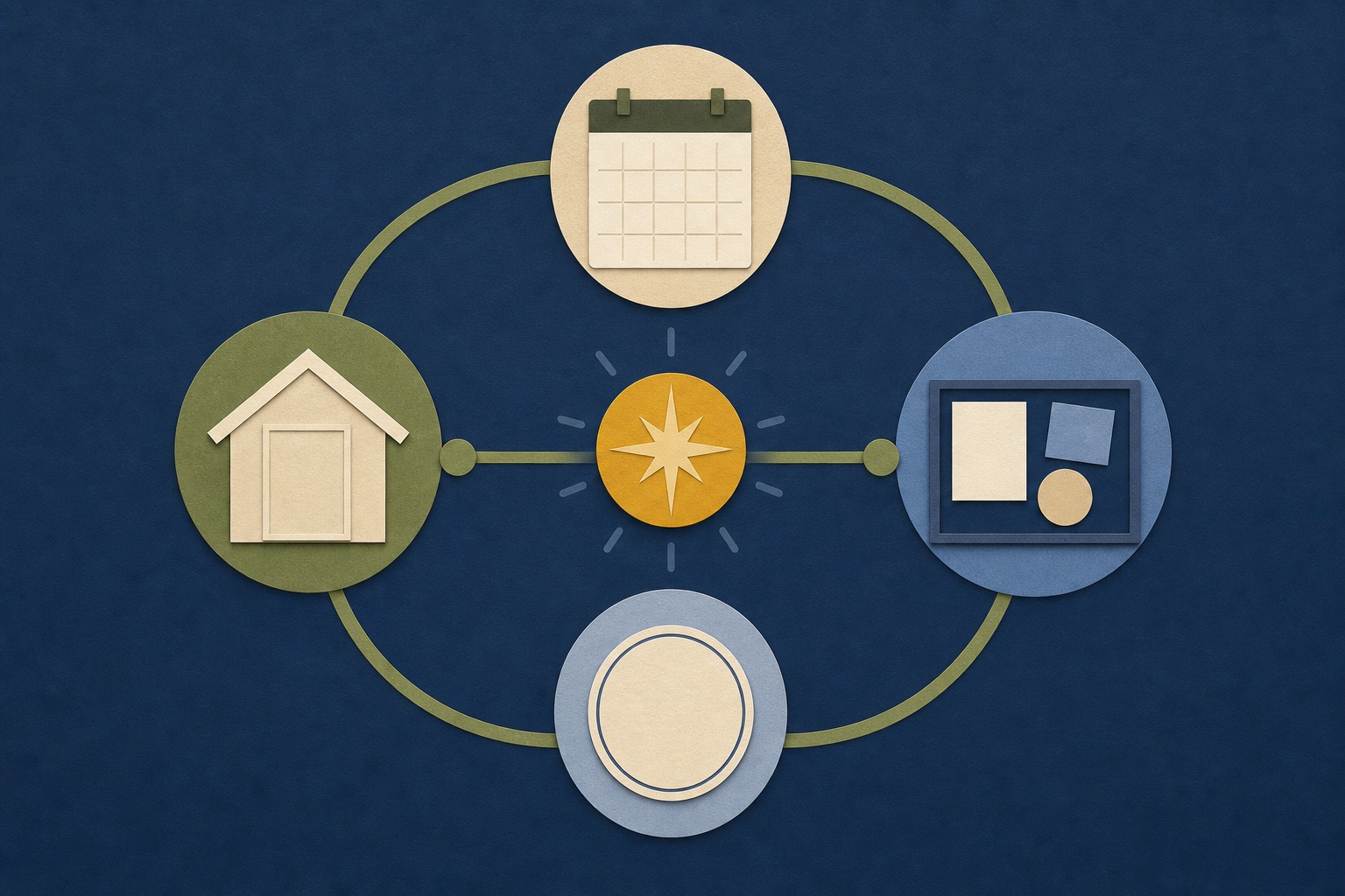 Flat editorial illustration of a blank calendar, home, meeting board, and shared event marker connected in a communication map.