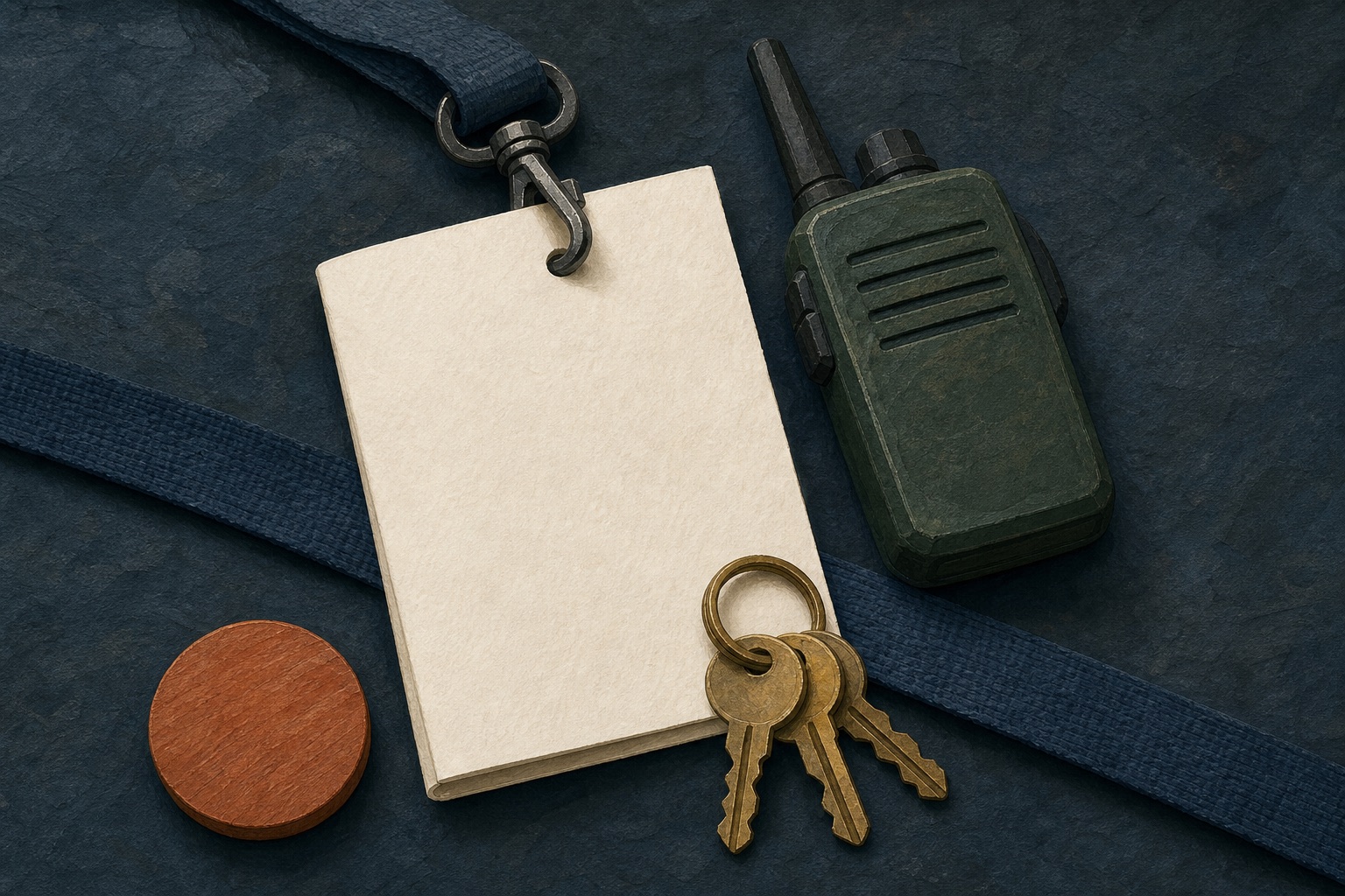 Editorial illustration of a blank folded run sheet clipped to a navy lanyard beside an unbranded radio, keys, and a single wooden event token.