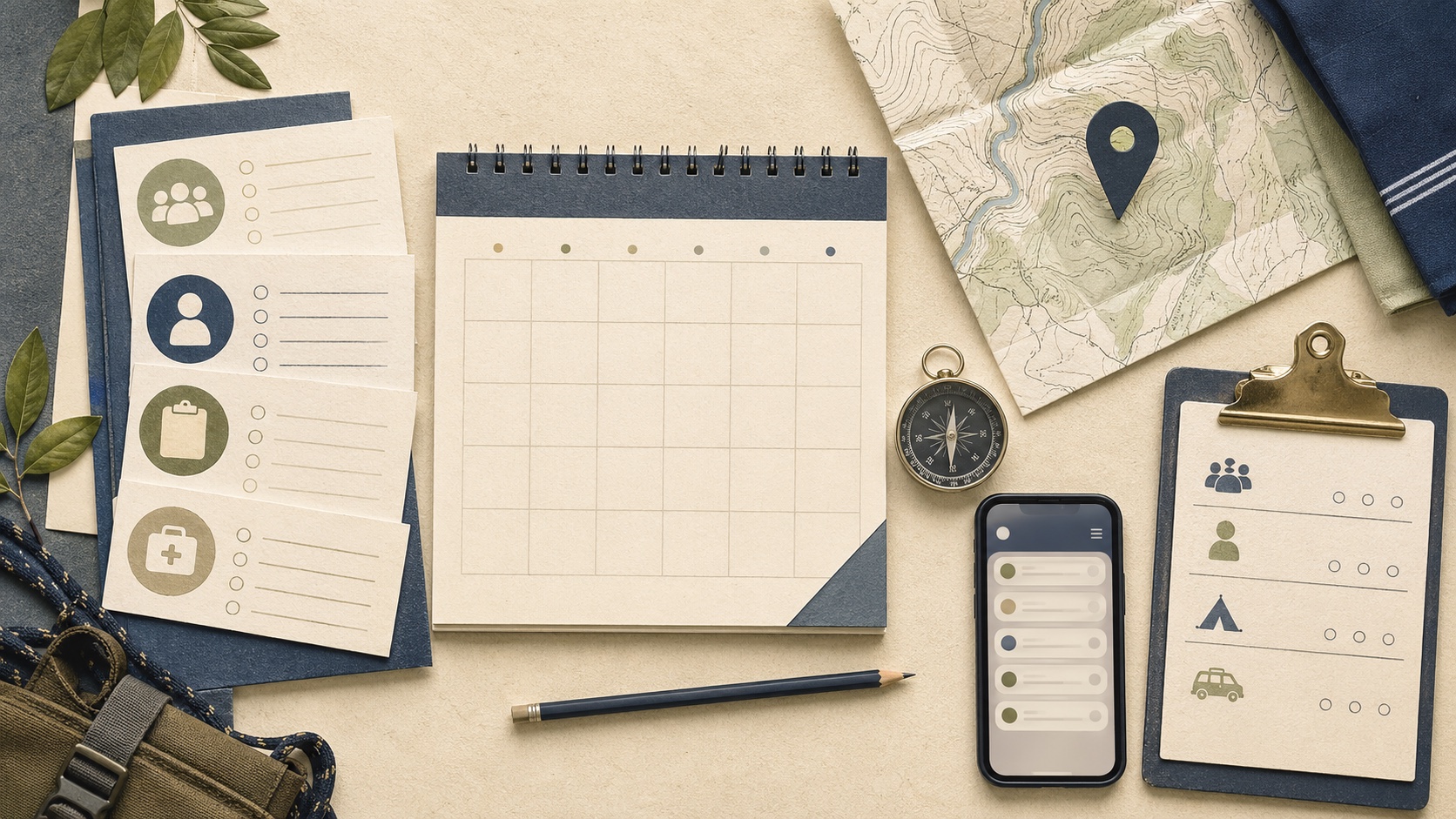 Editorial illustration of a blank calendar, checklist cards, phone, map, compass, and clipboard arranged for Scout event planning.