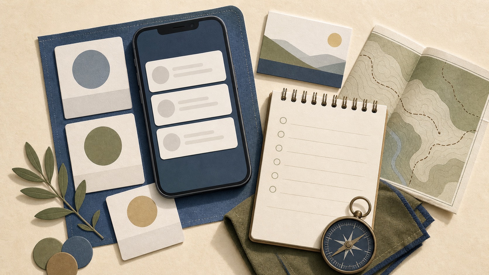 Editorial illustration of a phone with blank family message cards beside a notebook, map, compass, and household planning cards.