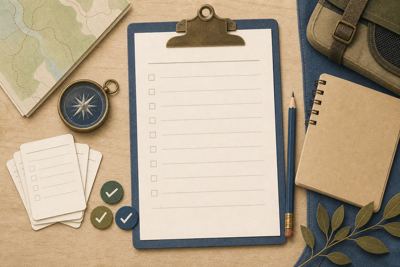Editorial illustration of a clipboard with blank forms, RSVP tokens, a map, compass, pencil, and field-planning tools arranged on a tabletop.