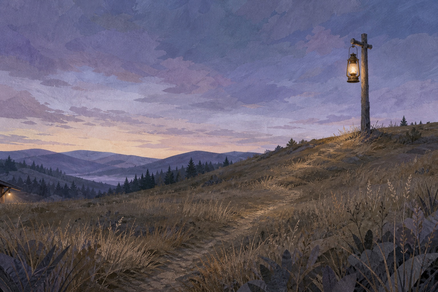 Editorial illustration of one shared twilight trail between a warm porch light and a lantern on a distant ridge, representing Scout leadership with informed family support.