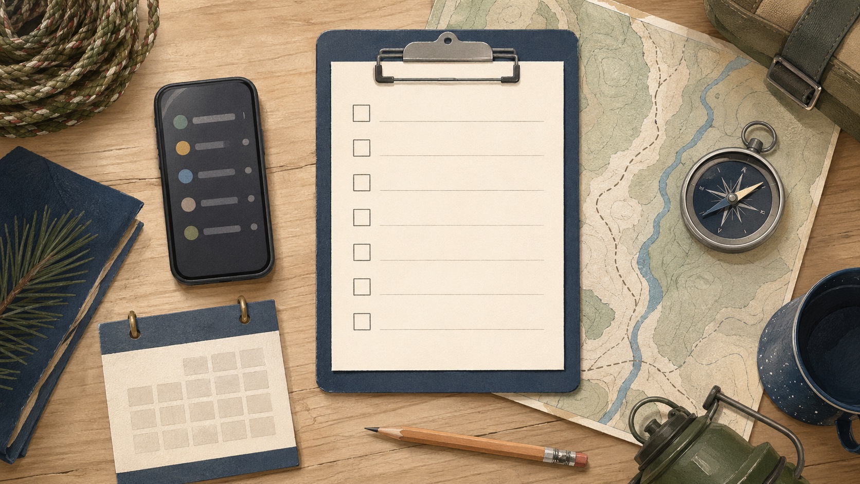 Editorial illustration of a blank RSVP checklist, phone, calendar card, map, compass, and campout gear arranged on a planning table.