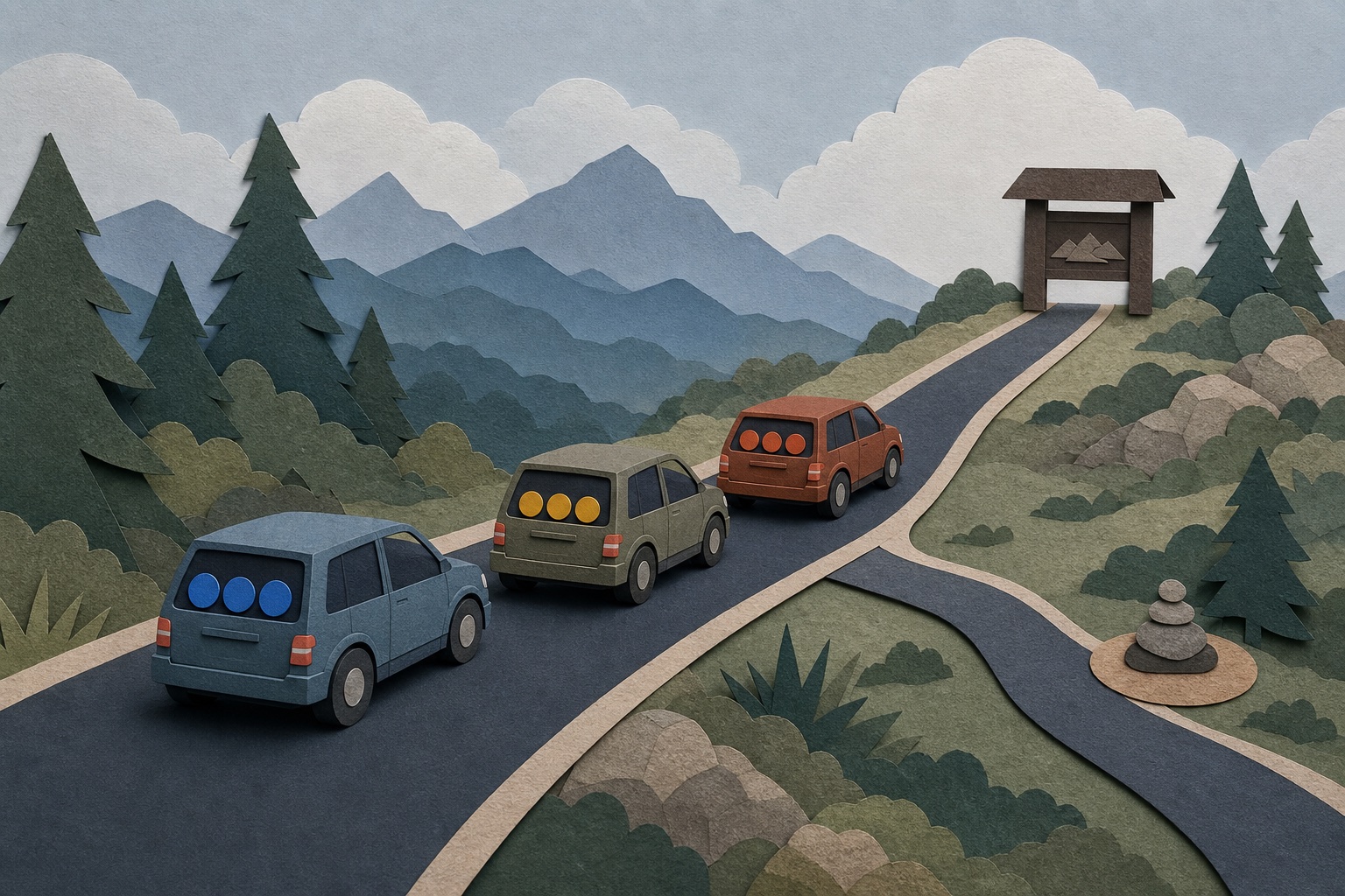 Layered paper-cut illustration of three unbranded vehicles with seat tokens traveling toward a trailhead, with an alternate route branching away.