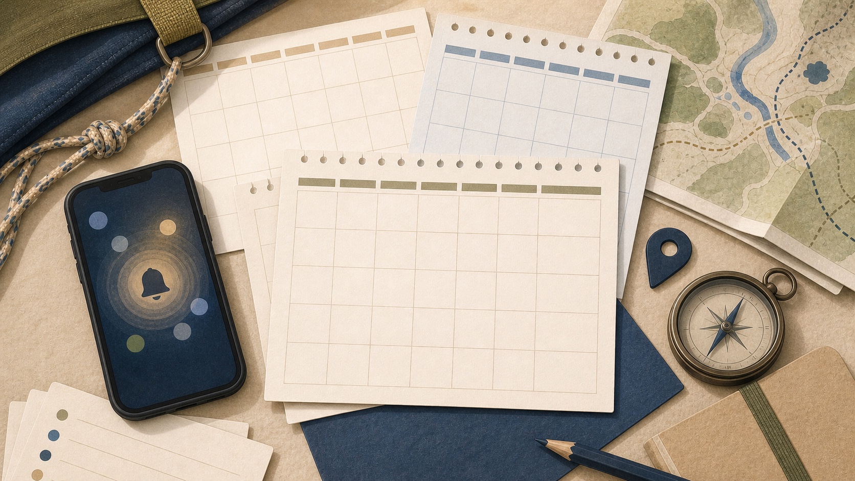 Editorial illustration of blank calendar pages, a phone reminder, map, compass, and planning cards arranged into one clear Scout event schedule.