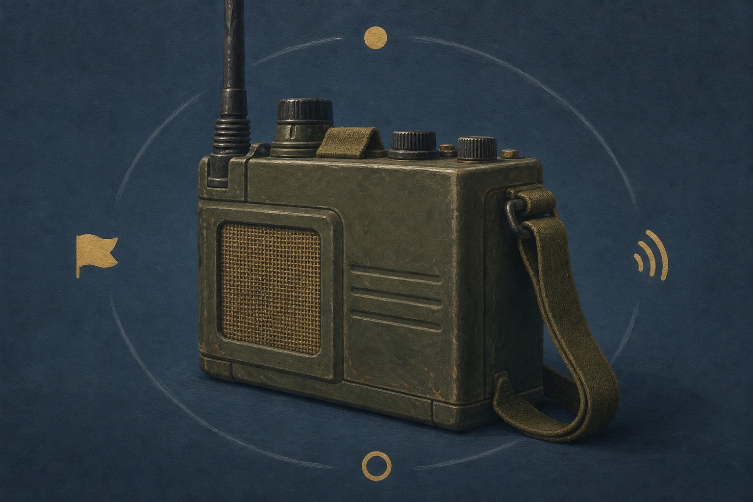 Editorial illustration of a side-lit field radio with four simple signal markers arranged in a quiet weekly rhythm.