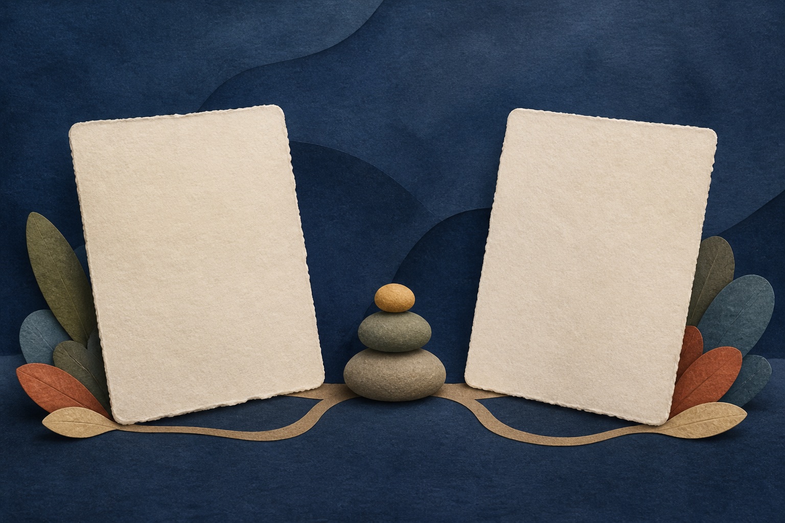 Paper-cut editorial illustration of two blank field cards facing a small stacked-stone trail marker on a deep blue field.