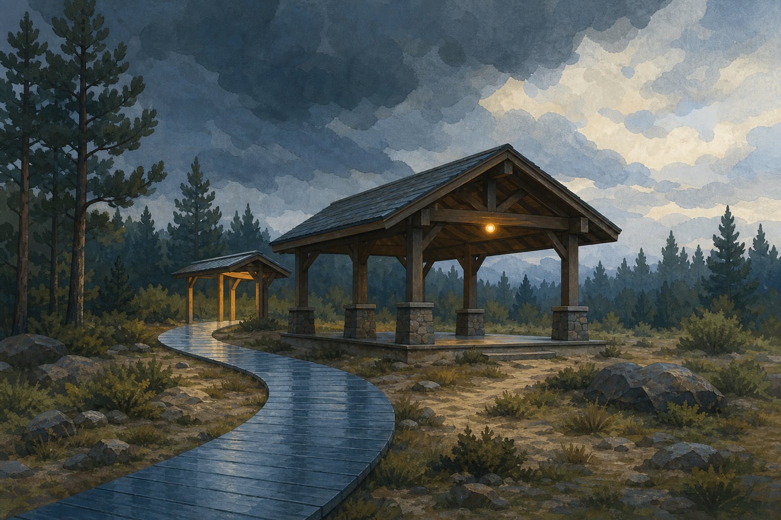 Editorial illustration of an empty covered trailhead pavilion beneath a changing storm sky, with one warm signal light and a clear alternate path to shelter.