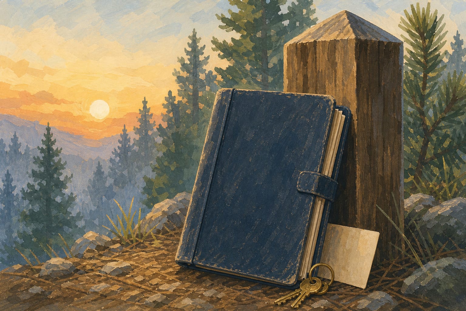 Editorial illustration of a worn field binder, small key ring, and blank route card resting against an unmarked wooden trail marker at sunrise.