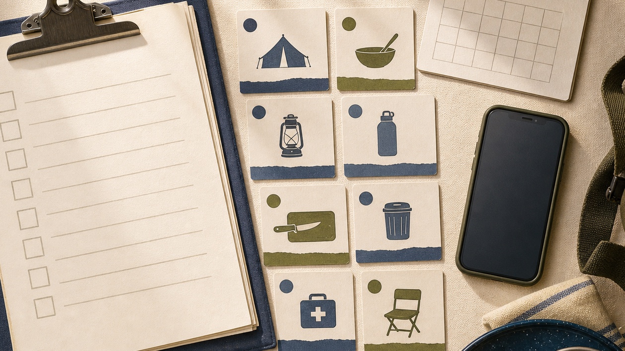Editorial illustration of a blank volunteer signup clipboard, event role cards, phone, calendar, and camp planning gear.