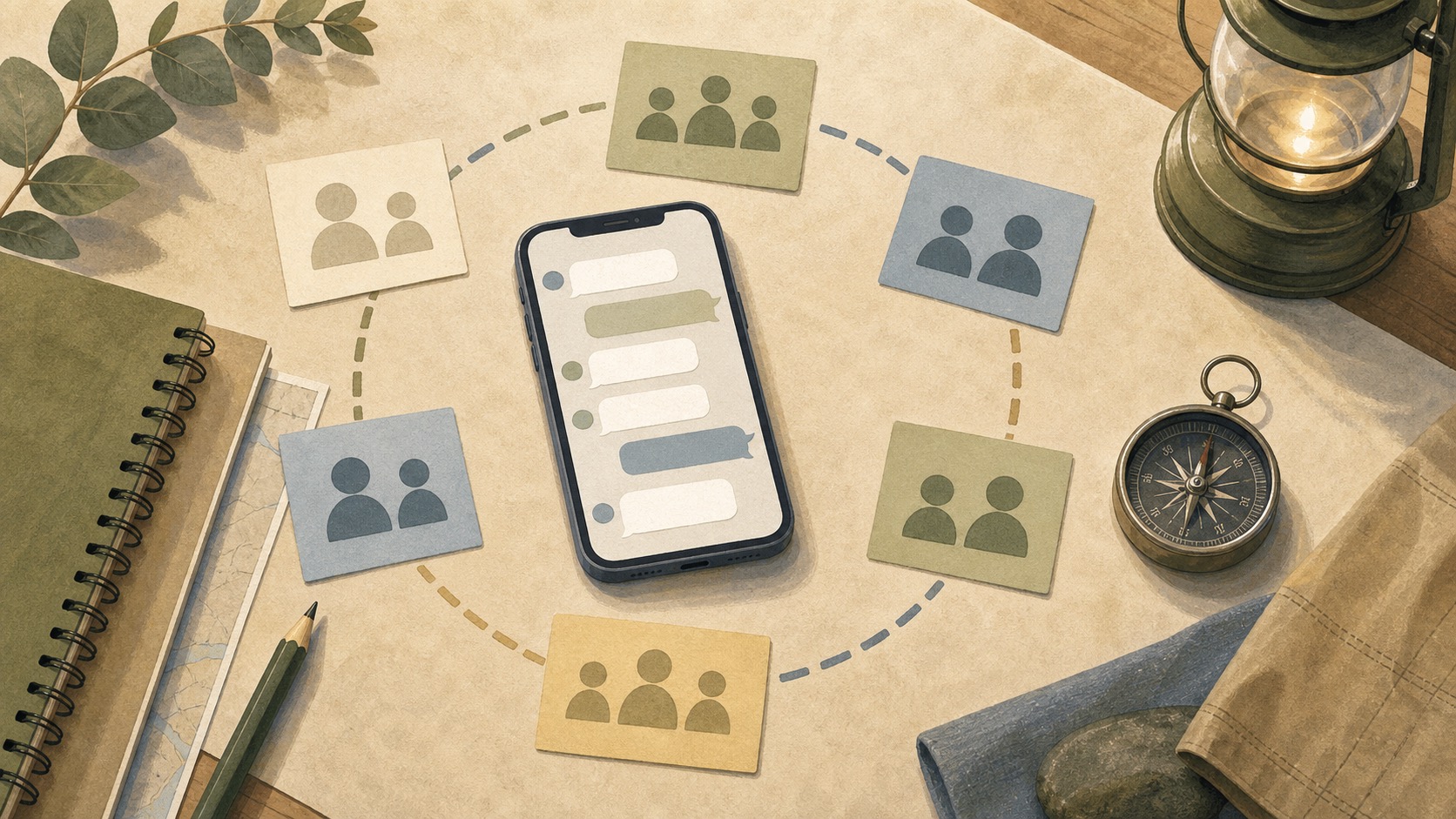 Editorial illustration of a phone with blank message bubbles surrounded by guardian visibility cards, a notebook, compass, and lantern.