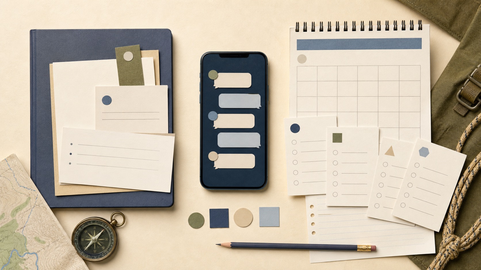Editorial illustration of a planning table with blank cards, a phone, a calendar page, and field tools sorted into clear workflow groups.