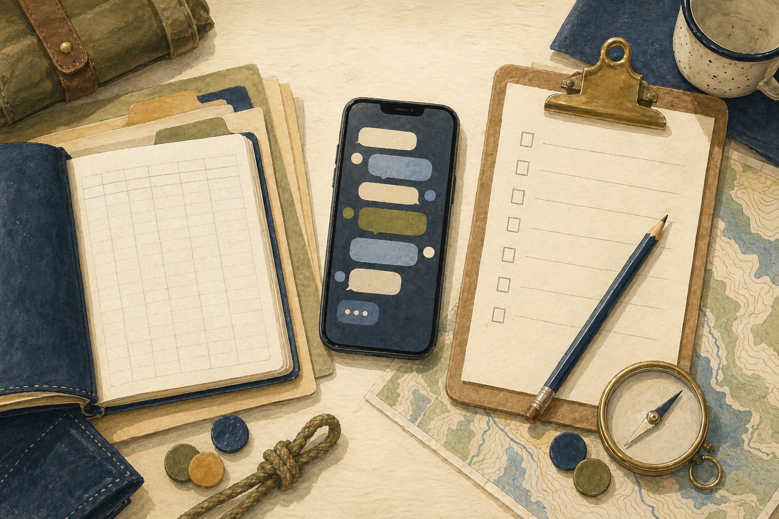 Editorial illustration of a Scout planning table with a notebook, phone, blank calendar, map, compass, and planning tokens.