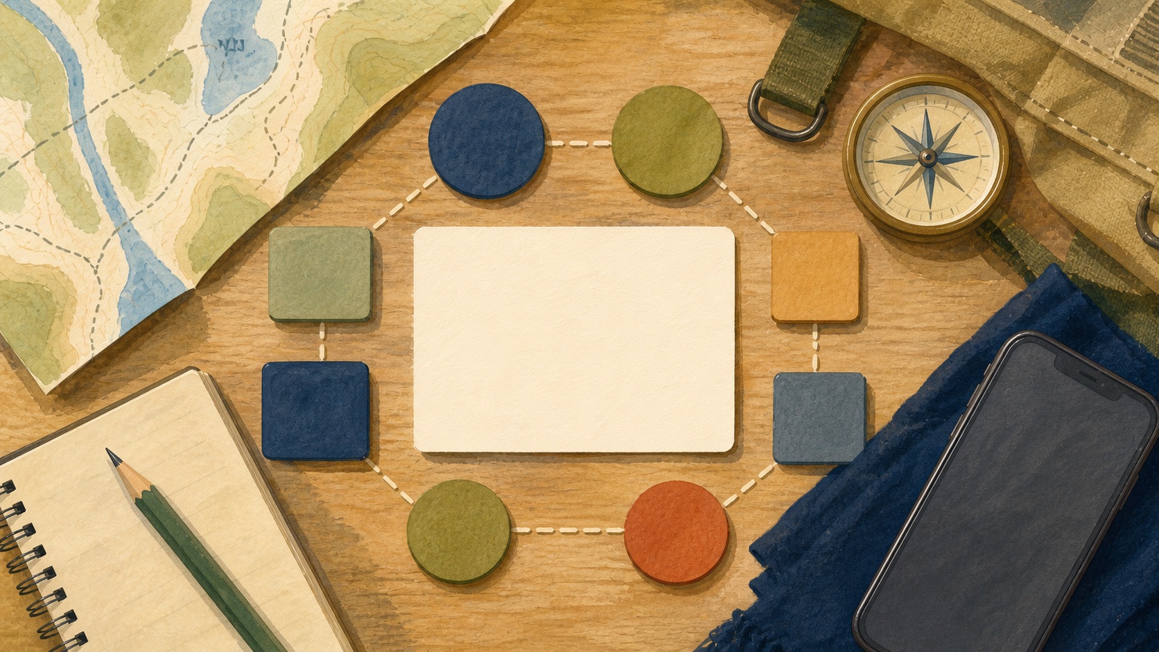 Editorial illustration of a troop planning table with a route map, blank event card, compass, phone, and color-coded tokens.