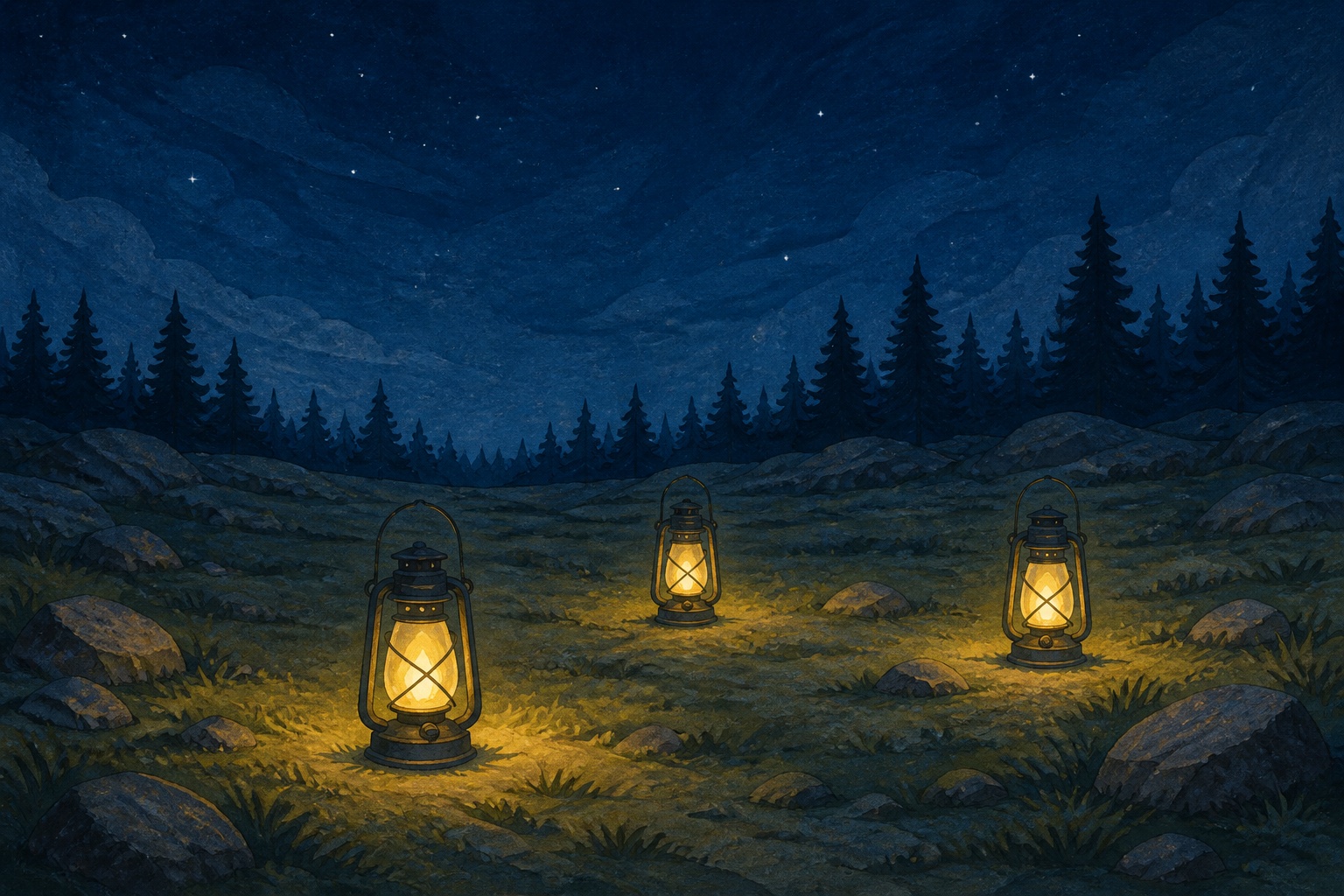 Editorial illustration of three lanterns casting separate pools of warm light across a broad nighttime clearing beneath dark pines.