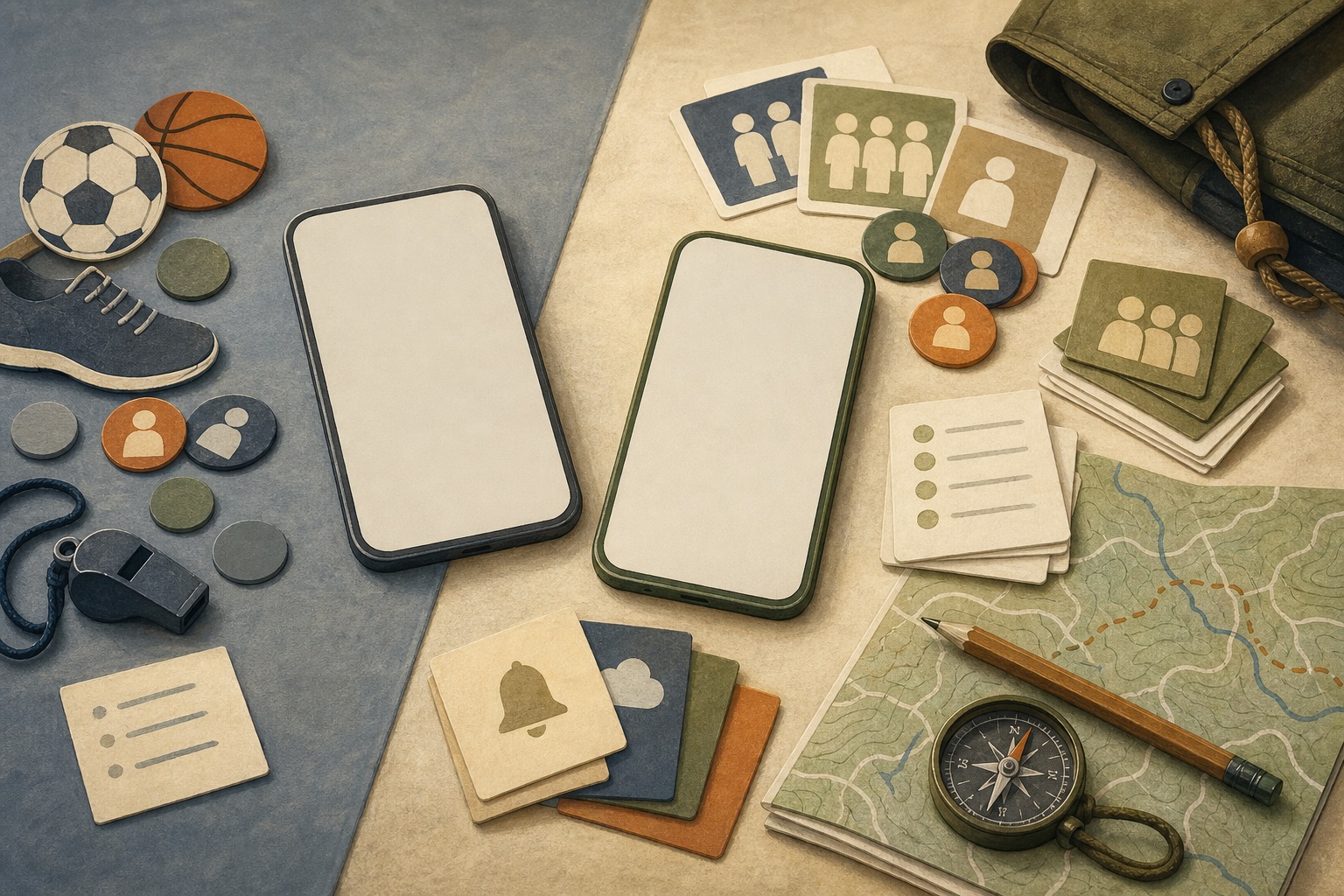 Editorial illustration of two blank phone cards on a Scout planning table, with general activity items on one side and organized household, RSVP, and volunteer planning cards on the other.
