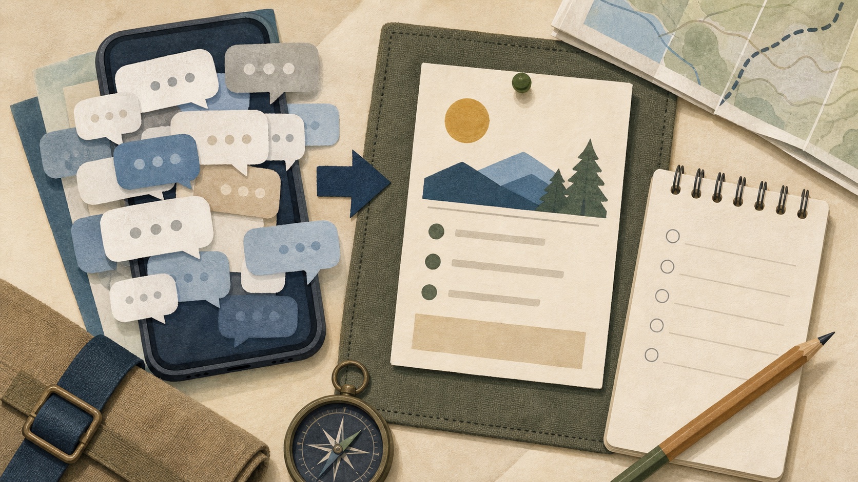 Editorial illustration of a phone overflowing with message bubbles beside a pinned event card, checklist, map, and compass.