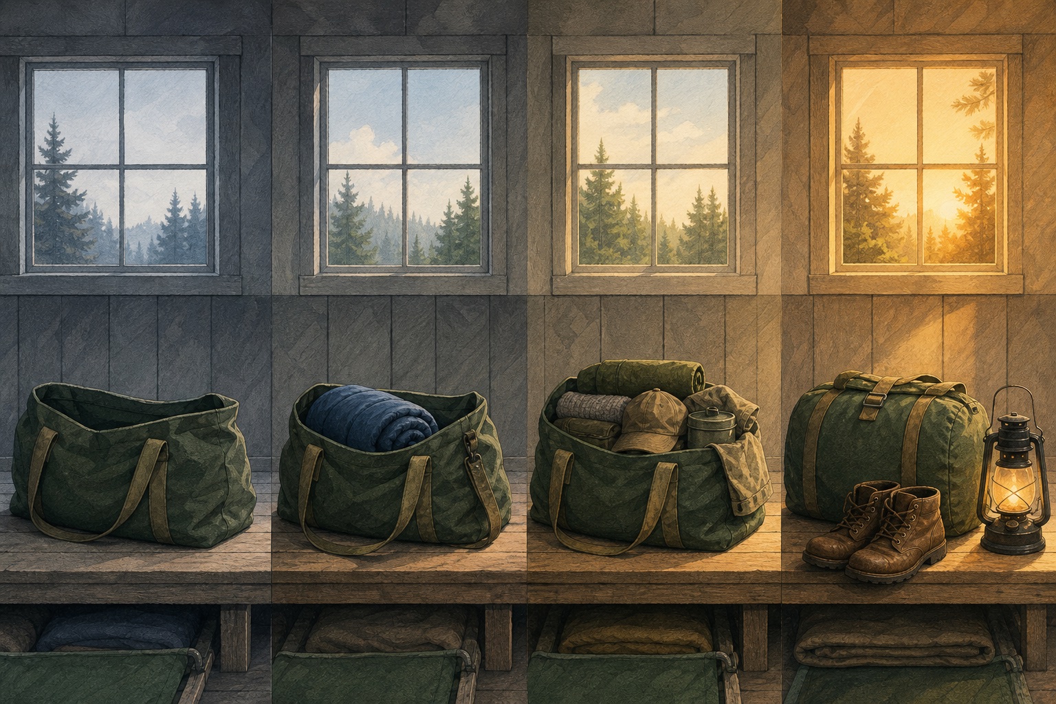Editorial illustration of four green duffels progressing from empty to packed beneath bunkhouse windows shifting from cool morning to warm evening light.
