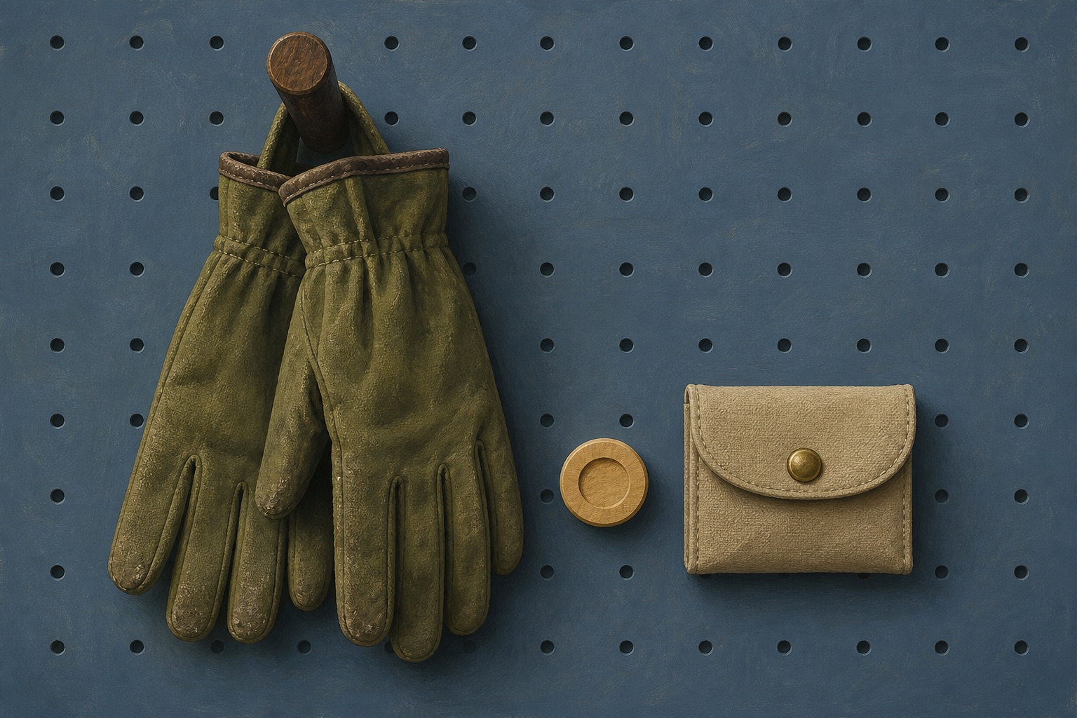 Editorial illustration of a pair of olive work gloves hanging beside a wooden task token and a small canvas ready kit.