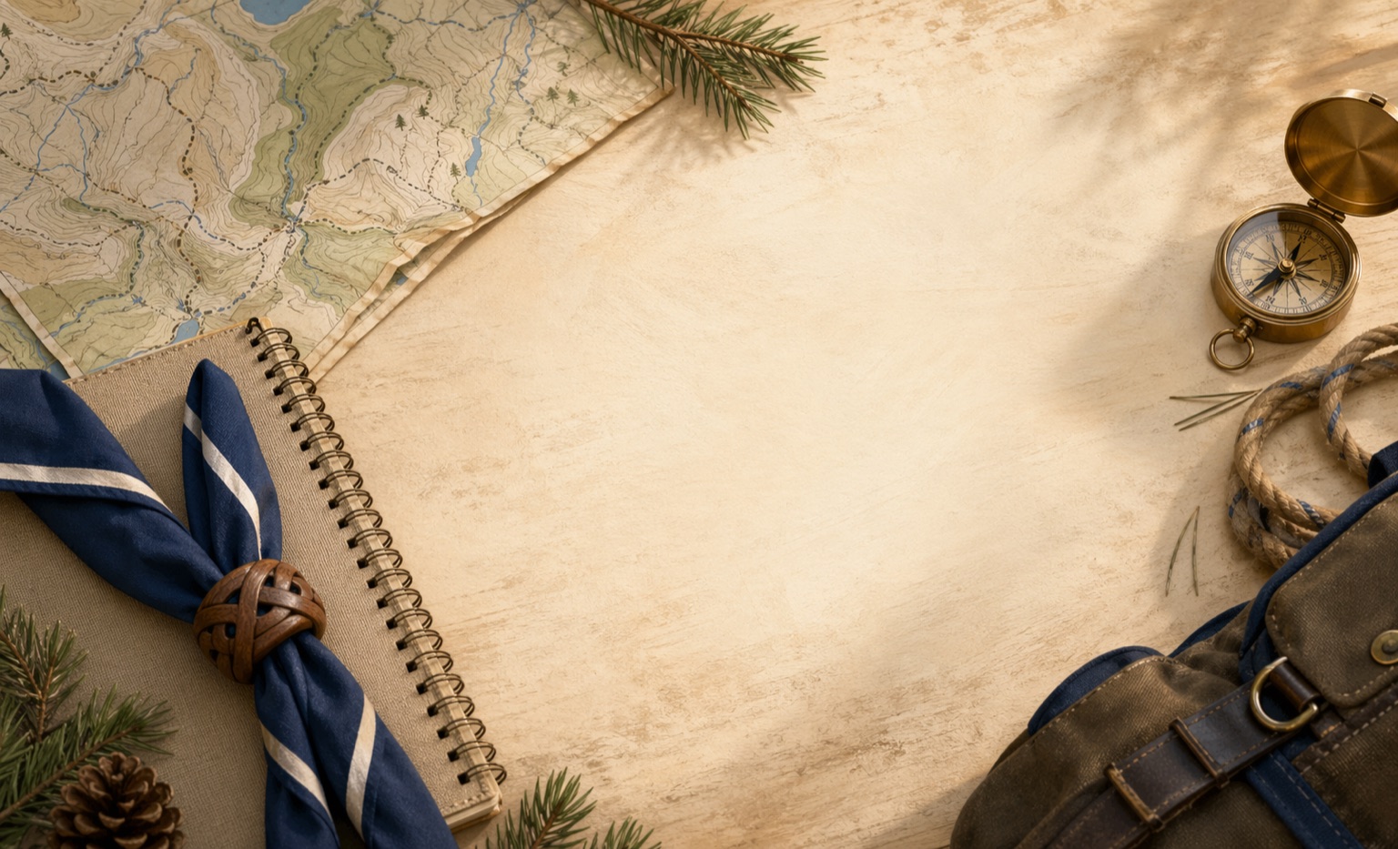 A quiet planning table with a map, notebook, compass, and woggle for setting up a Scout unit.