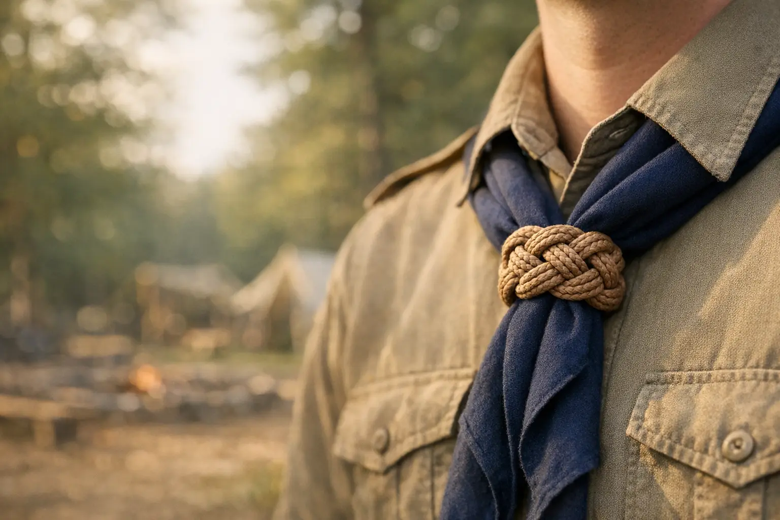 Close-up of a modern Scout-style neckerchief held by a Turk's head woggle at an outdoor camp setting.