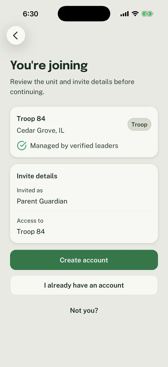 Woggle Invite preview for Troop 84 showing a Parent Guardian role, Unit access, and Create account and sign-in actions.