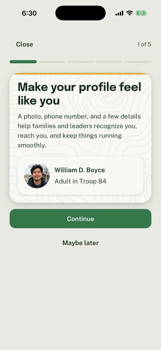 Woggle profile onboarding showing an Adult in Troop 84 identity and the Continue action after Invite acceptance.