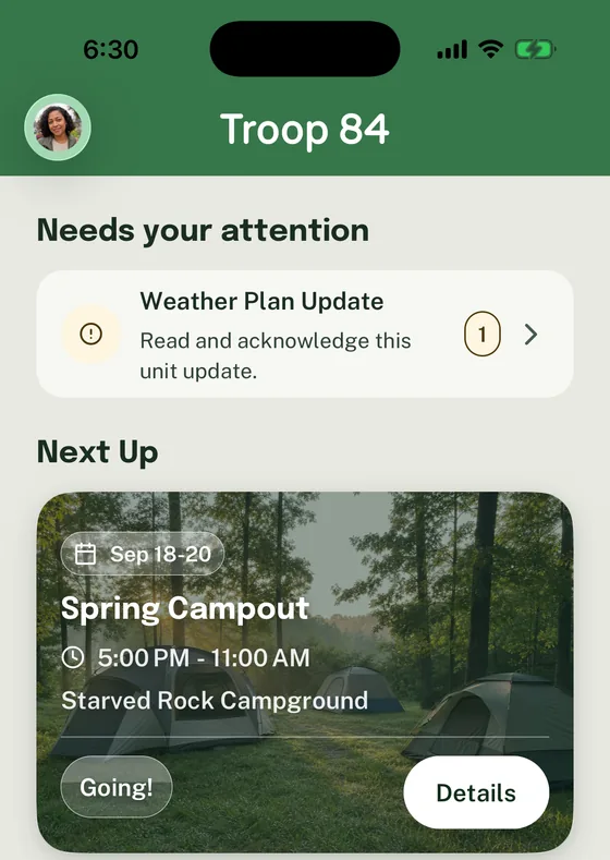 Troop 84 Home showing an Announcement that needs attention and the next Event, Spring Campout.