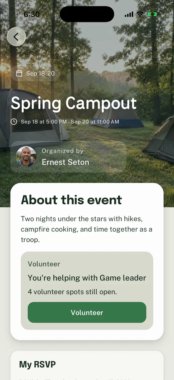 Spring Campout Event detail showing its dates, organizer, description, volunteer callout, and Household RSVP entry.