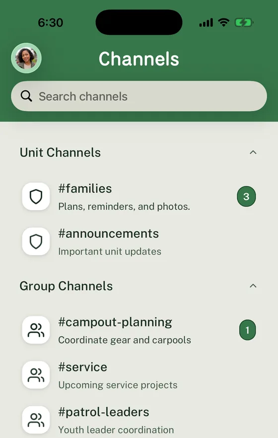 Woggle Channels showing Unit Channels and Group Channels for Troop 84.